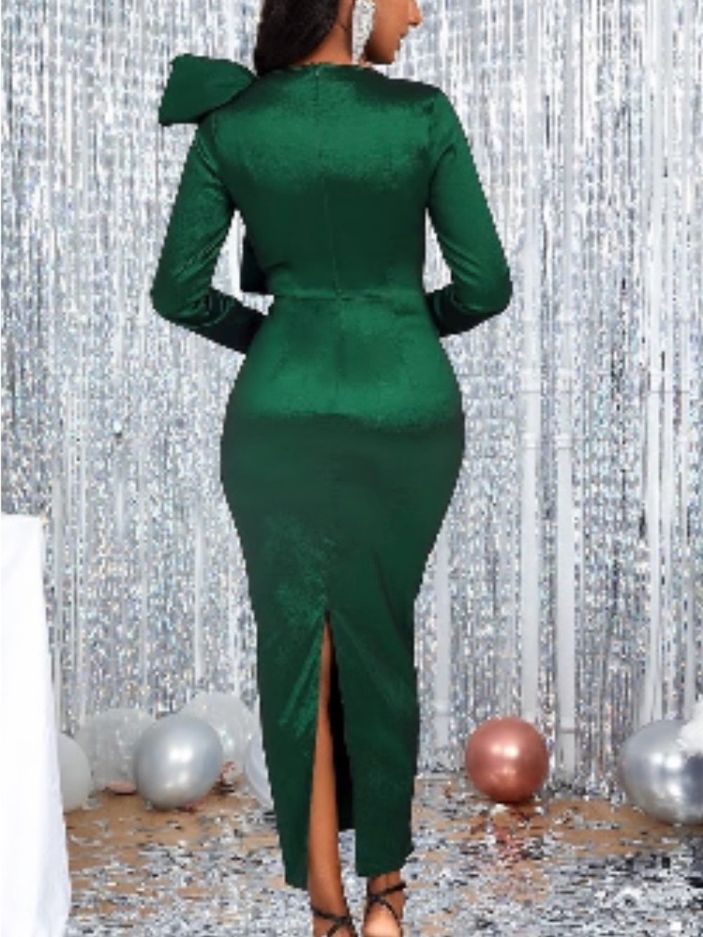 Aomei Elegant Emerald Green Ruffle-Accent Midi Dress - Picture 2 of 4